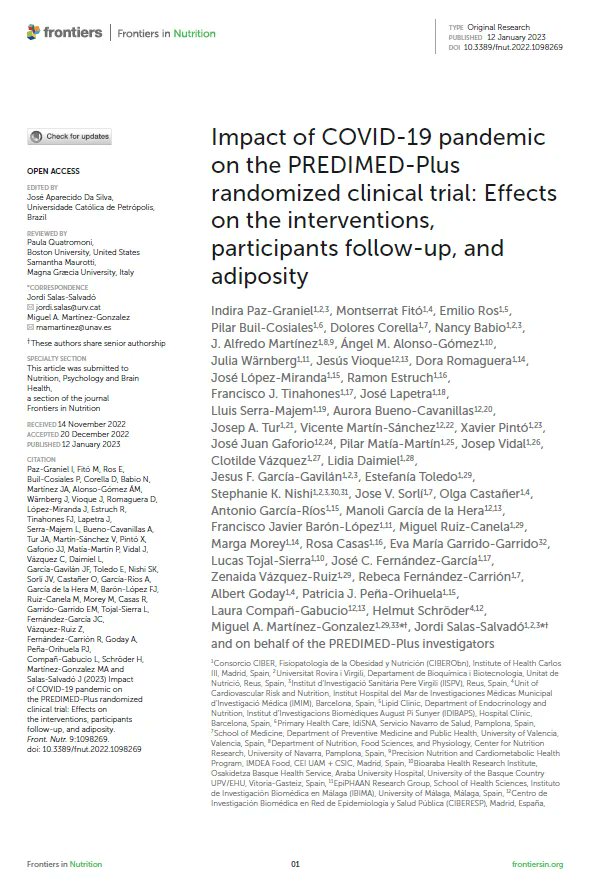 Nou article a #Docusalut: Impact of #COVID19 pandemic on the PREDIMED-Plus randomized clinical trial: Effects on the interventions, participants follow-up, and adiposity buff.ly/41Kcf6U  @doraromaguera1 @idisbaib  #PUblicaSalutIB