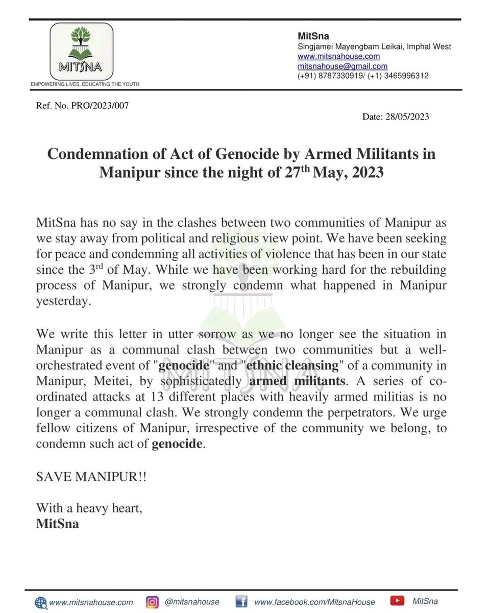 MitSna strongly condemns this act of genocide by the armed millitants. 
#MitSna
#rebuildManipur
#SaveManipur 
#SaveIndia 
#SaveIndigenous
#PeaceInManipur
#Truthwillprevail
#armedmillitants