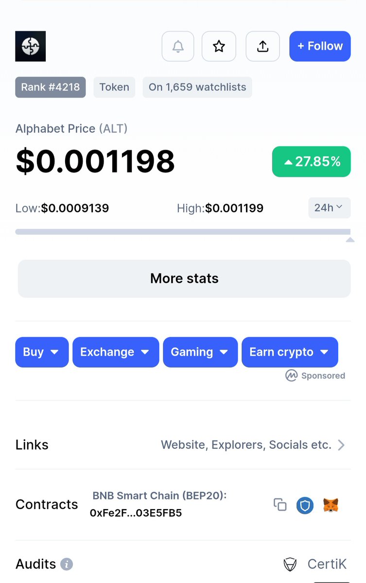 We have a very big week coming for the entire $ALT ecosystem:

Starting with our #certik badge added on @CoinMarketCap 

Further the Bridge to our #mainnet will be live today with the first project @Alphapads_alt ready to launch on the #alphabetnetwork 

⌛Much more to come...