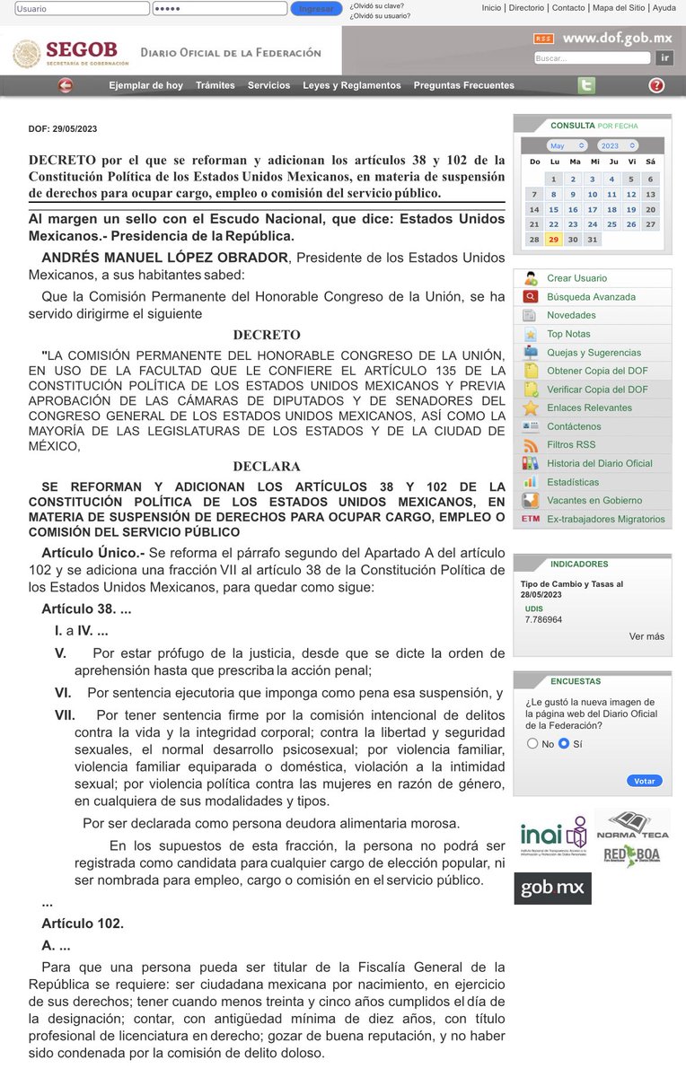 ‼️Última hora‼️
Fue promulgada hoy la reforma #3de3VSlaviolencia
Nuevos requisitos de elegibilidad serán ley en 2024 en las elecciones presidenciales, del Congreso Federal y 30 estatales, 9 gubernaturas y alcaldes en 29 entidades.
dof.gob.mx/nota_detalle.p…
¡Ningún agresor al poder!