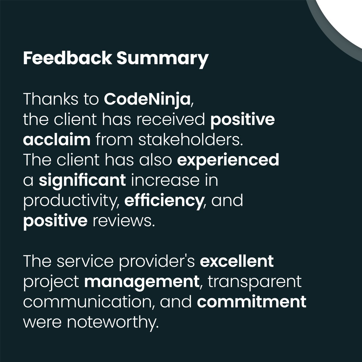 👋 Hey everyone!

We always prioritize our clients and their feedback. That's why we're excited to share a review left by one of our clients on Clutch. 
Tap to read more! ⤵️
CodeNinja Clutch Profile: lnkd.in/g7M76Nd

#clutch #review #codeninja #teamaugmentation
