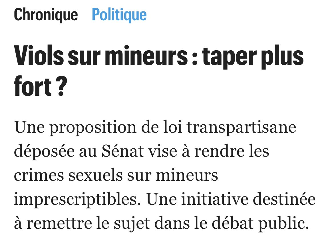 Arnaud Gallais 🔆🙈🙉🙊🗣 (@arnaud_gallais) on Twitter photo 📣📣📣Viols sur mineurs : taper plus fort ?
➡️Une proposition de loi transpartisane déposée au Sénat vise à rendre les crimes sexuels sur mineurs imprescriptibles
Merci 🙏🙏🏼🙏🏾 <a href="/iacovellixavier/">Xavier IACOVELLI</a>
#metooinceste #metoo #BeBrave
📌leparisien.fr/politique/viol… 📣📣📣Viols sur mineurs : taper plus fort ?
➡️Une proposition de loi transpartisane déposée au Sénat vise à rendre les crimes sexuels sur mineurs imprescriptibles
Merci 🙏🙏🏼🙏🏾 <a href="/iacovellixavier/">Xavier IACOVELLI</a>
#metooinceste #metoo #BeBrave
📌leparisien.fr/politique/viol…