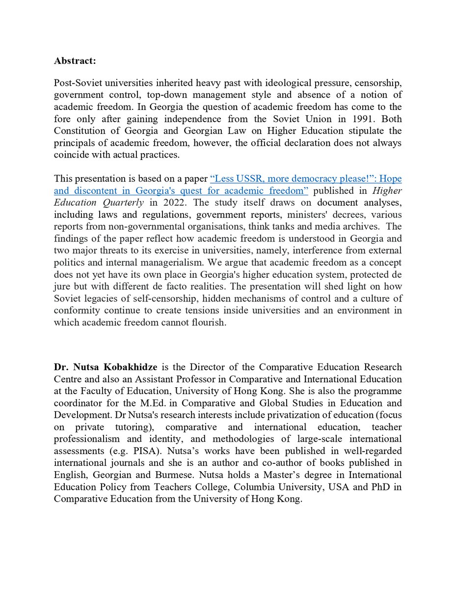 Nutsa Kobakhidze (@nutsako) on Twitter photo I've been invited to speak on academic freedom in Georgia at the CIES Eurasia SIG.
May 31, 2023
- Hong Kong, 8 pm
- Astana, 6 pm
- Tbilisi, 4 pm
The talk is based on my 2022 paper, published in Higher Education Quarterly.
onlinelibrary.wiley.com/doi/abs/10.111…
<a href="/cies_us/">CIES</a> <a href="/a_oleksiyenko/">Anatoly V. Oleksiyenko</a> I've been invited to speak on academic freedom in Georgia at the CIES Eurasia SIG.
May 31, 2023
- Hong Kong, 8 pm
- Astana, 6 pm
- Tbilisi, 4 pm
The talk is based on my 2022 paper, published in Higher Education Quarterly.
onlinelibrary.wiley.com/doi/abs/10.111…
<a href="/cies_us/">CIES</a> <a href="/a_oleksiyenko/">Anatoly V. Oleksiyenko</a>