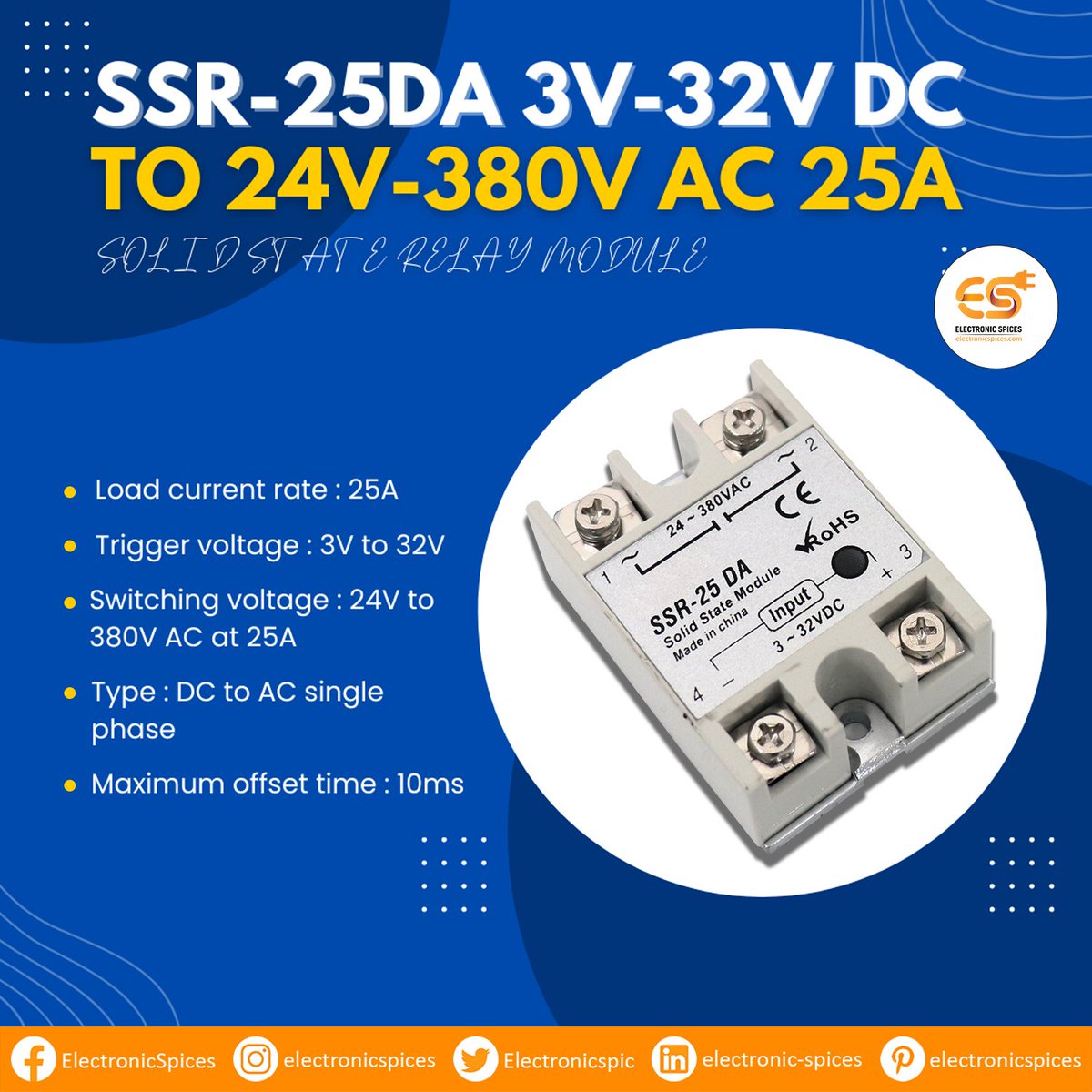 Electronicspic's tweet image. 𝐒𝐒𝐑-𝟐𝟓𝐃𝐀 𝟑𝐕-𝟑𝟐𝐕 𝐃𝐂 𝐭𝐨 𝟐𝟒𝐕-𝟑𝟖𝟎𝐕 𝐀𝐂 𝟐𝟓𝐀 𝐒𝐨𝐥𝐢𝐝 𝐬𝐭𝐚𝐭𝐞 𝐫𝐞𝐥𝐚𝐲 𝐦𝐨𝐝𝐮𝐥𝐞
𝐁𝐮𝐲 𝐍𝐨𝐰: electronicspices.com/product/ssr-25…
#relaymodule #25arelay #heatsink #fan #diy #module #professional