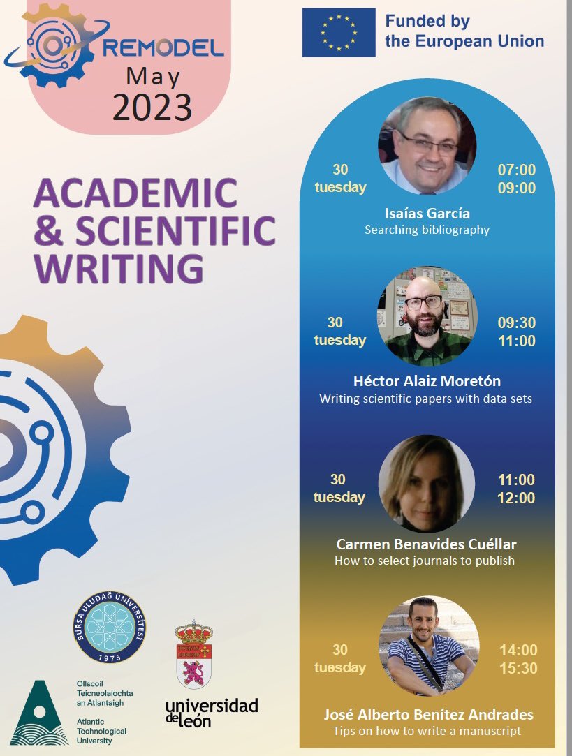 The Capacity Building Training of REMODEL #Academic & #scientificwriting workshop will be conducted @jabenitez88 Isaias Garcia, Carmen Benavides Cuellar and Hector Alaiz Moreton on 30th May. 👏👏👏 #horizoneurope #twinning #capacitybuilding #academicwriting @uludagkurumsal