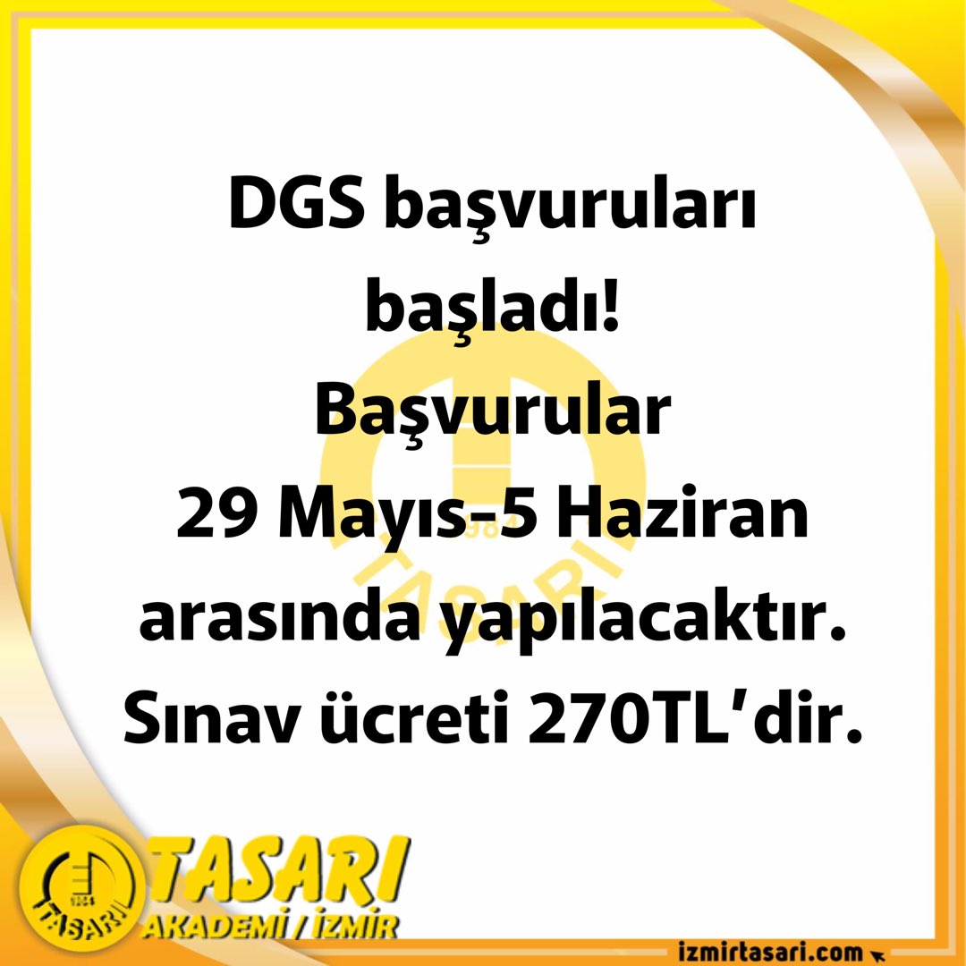 DGS başvuruları başladı!
Başvurular 29 Mayıs-5 Haziran arasında yapılacaktır. 
Sınav ücreti 270TL’dir. 🤗
DGS SÜPER SORU KAMPI kayıtlarımız hızla devam ediyor! 10 net daha artırmak için bu eğitimi kaçırmayın. 🤗 0232 484 13 84 veya 0551 244 10 10 #dgs #dgsbaşvuru #dgs2023