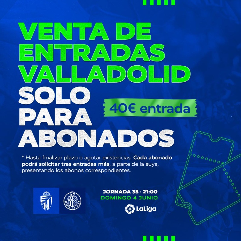 GetafeCF's tweet photo. ¡Azulones, aún queda un último empujón! 💪

A partir del próximo miércoles a las 9:30h a la venta en taquilla las entradas para acompañar al equipo a Valladolid. 👏

¡Último encuentro y os necesitamos para conseguir la ansiada permanencia! 💙

#VamosGeta | #RealValladolidGetafe