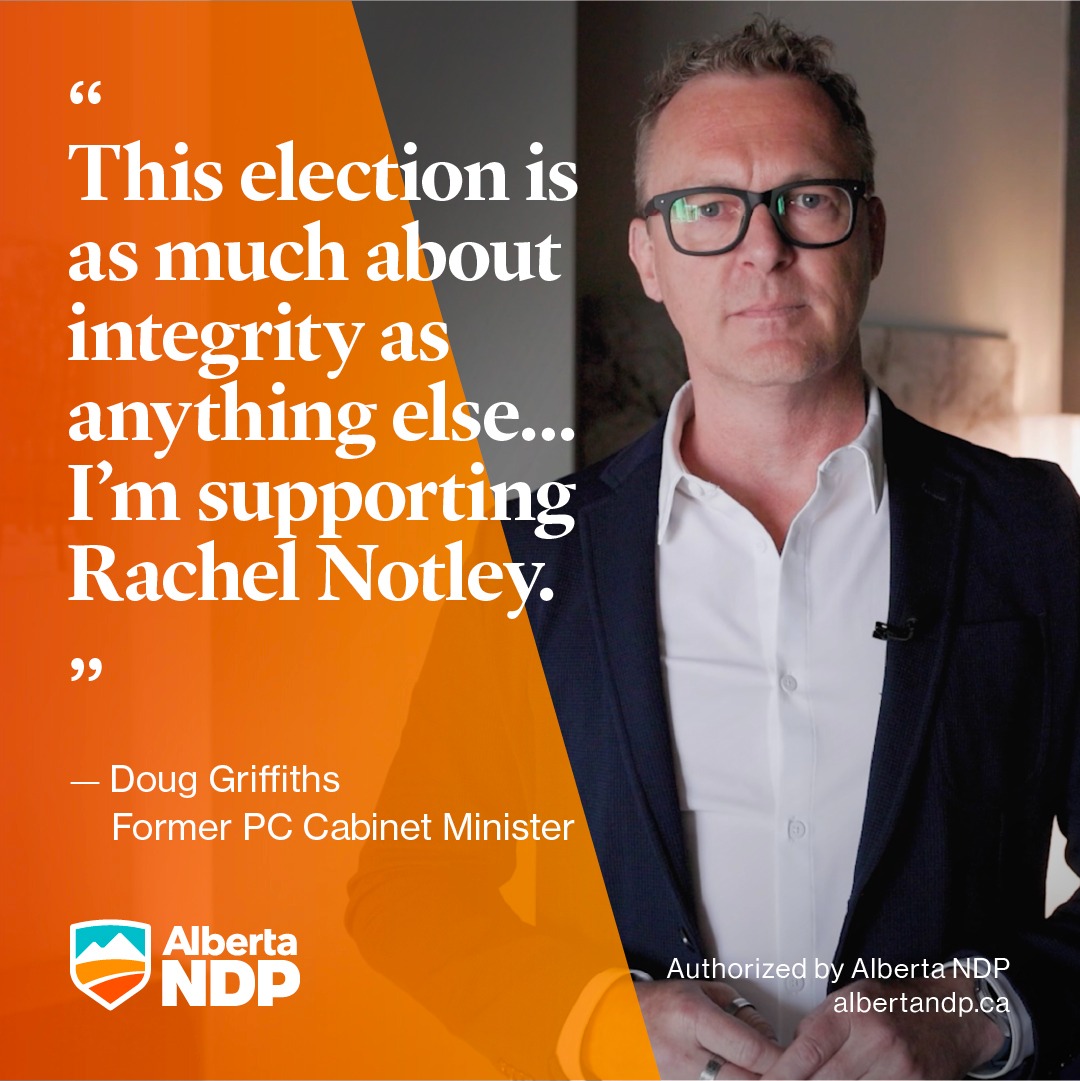 RachelNotley's tweet photo. Thank you to Doug Griffiths, former PC cabinet minister, for his endorsement.

If you have voted conservative in the past, I'm asking you to trust me with your vote in this election.

I will deliver sensible, stable, hopeful government. https://t.co/y8R35ugnXJ