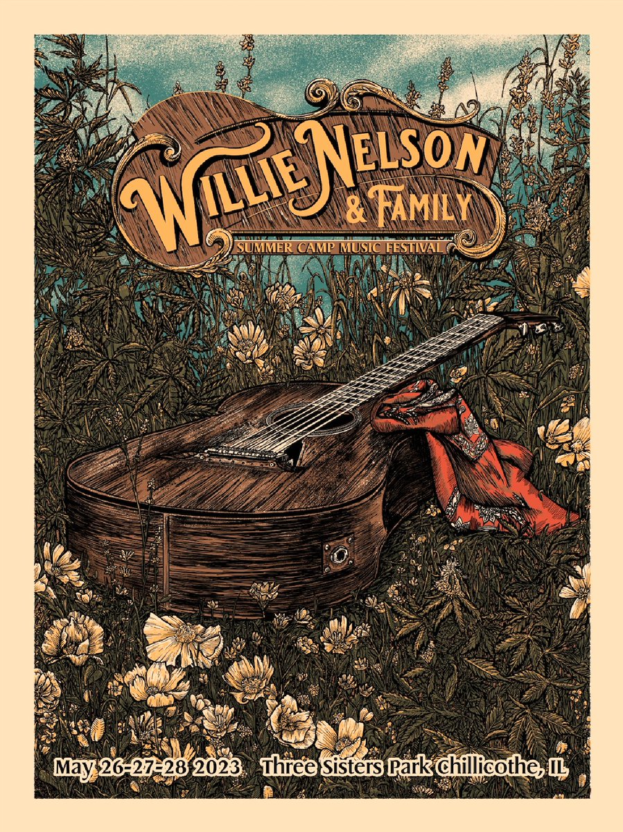 With @SummerCampFest coming to a close, I'm so excited to share this official @WillieNelson & Family poster I was asked to make for the show. I can't tell you how honored I was, and still am! Thank you #SCamp23 and all those involved! Dreams do come true 🍃🌬️ APs available Thurs!
