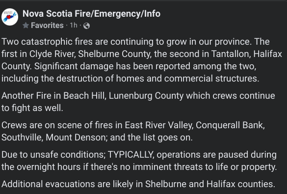 @Xx17965797N The Shelburne fire was started by three men burning tires in the woods during a fire ban, and the Tantallon fire was started by a blown transformer. And Nova Scotia is known for it's shitty power infrastructure.