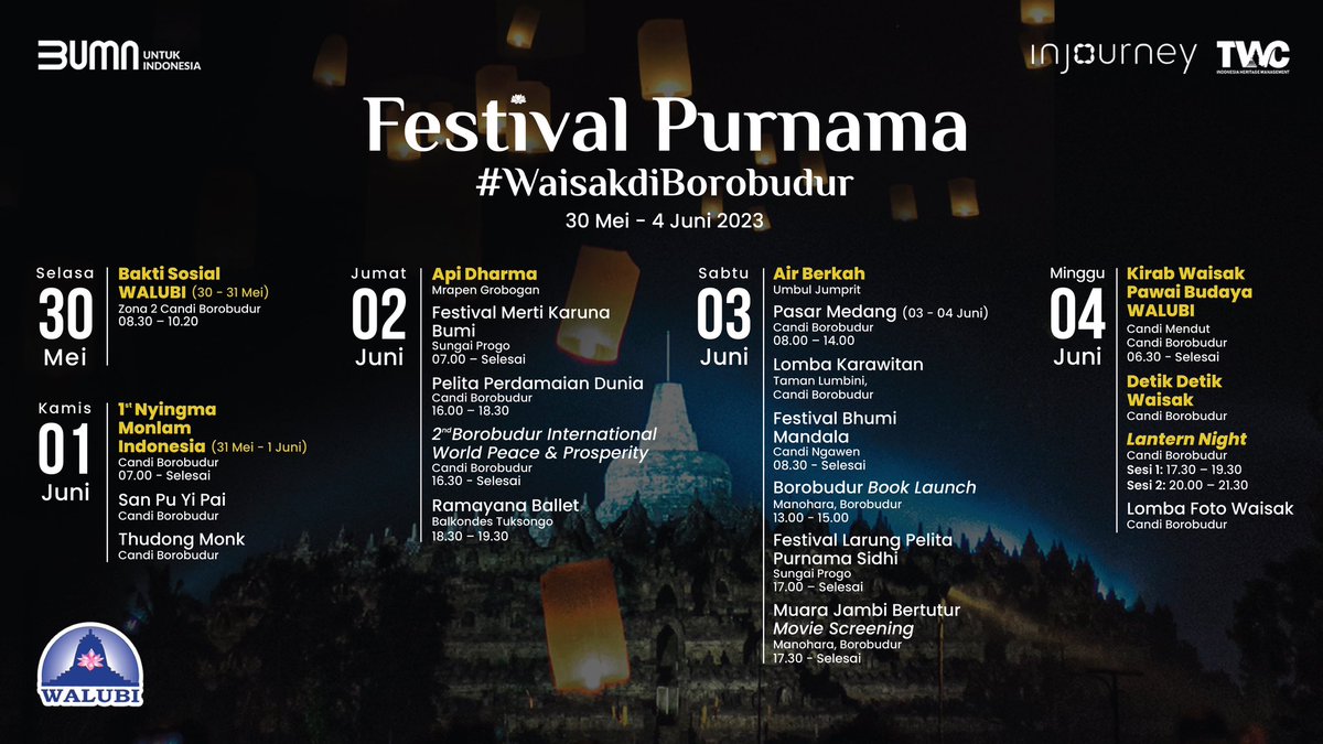 Pada puncak rangkaian perayaan #WaisakBorobudur di tanggal 4 Juni 2023, ribuan lampion akan dilepas dan menghiasi cakrawala.

Mari bergabung dalam rangkaian #FestivalPurnama 🥰

#AngkasaPura2
#ContactCenter138
#Borobudur
#HeritageInHarmony
