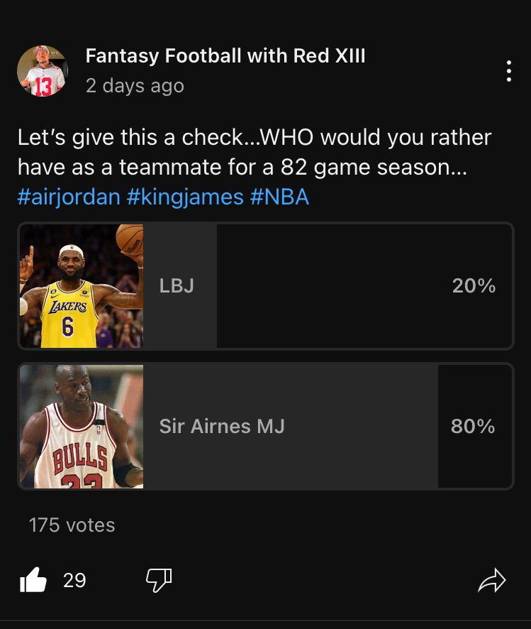 RedXIII99's tweet photo. So my #YouTube community has spoken…it’s not even close! People want MJ as a teammate over LBJ 🔥🤷♂️
#JordanvsJames #NBA https://t.co/JMDlQfsZuW
