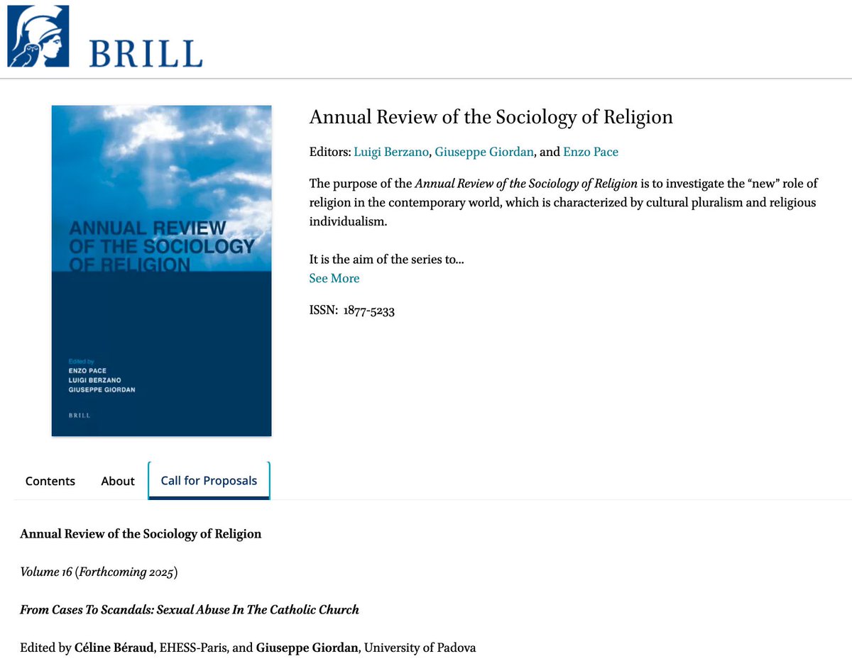 isa_rc22's tweet photo. #CallForPapers #CallForManuscripts
Annual Review of the Sociology of Religion (Forthcoming 2025)
“From Cases To Scandals: Sexual Abuse In The Catholic Church” - Edited by Céline Béraud, EHESS-Paris, and Giuseppe Giordan, University of Padova
🔗 https://t.co/mVhAq1vJls https://t.co/D9DUito07V