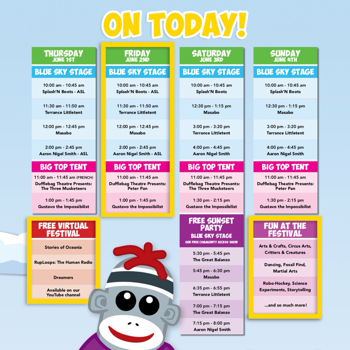 💐 Today at the Nutrien Children’s Festival – Friday June 2nd!

🌹 Plan your in-person festival experience at nutrienchildrensfestival.com.

🌷 Stream the FREE virtual festival at nutrienchildrensfestival.com/virtual-festiv…

👇 Save this image for easy planning!