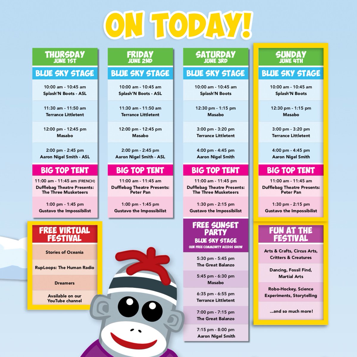⭐️  Today at the Nutrien Children’s Festival – Sunday June 4th!

☀️ Plan your in-person festival experience at nutrienchildrensfestival.com

✨Stream the FREE virtual festival at nutrienchildrensfestival.com/virtual-festiv…

👇 Save this image for easy planning!