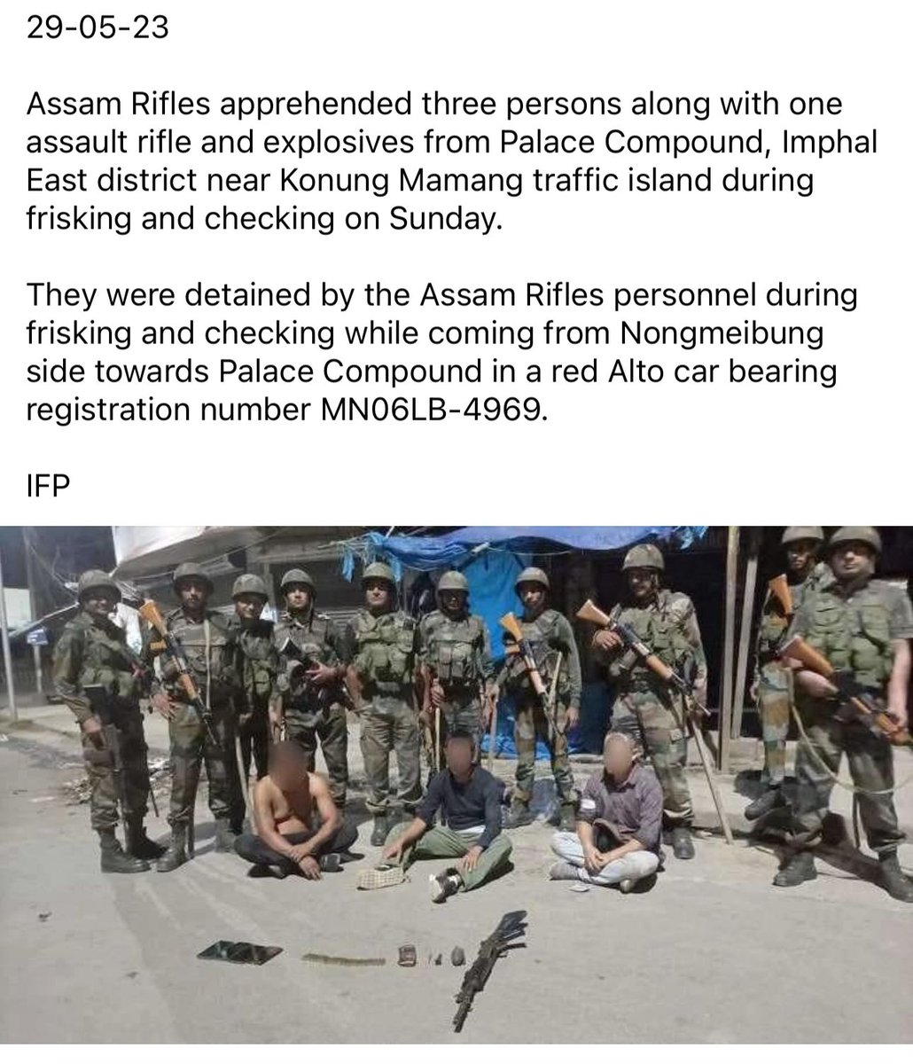 The Assam Rifles apprehended 3 Meitei Terrorists with Assault Rifles and Explosives in today's early morning in the Heart of Imphal, Manipur Capital

@AmitShah @ANI @ndtv @easterncomd @EastMojo @IndianExpress @makesyoucakes @the_hindu @Spearcorps @adgpi @official_dgar @NELiveTV