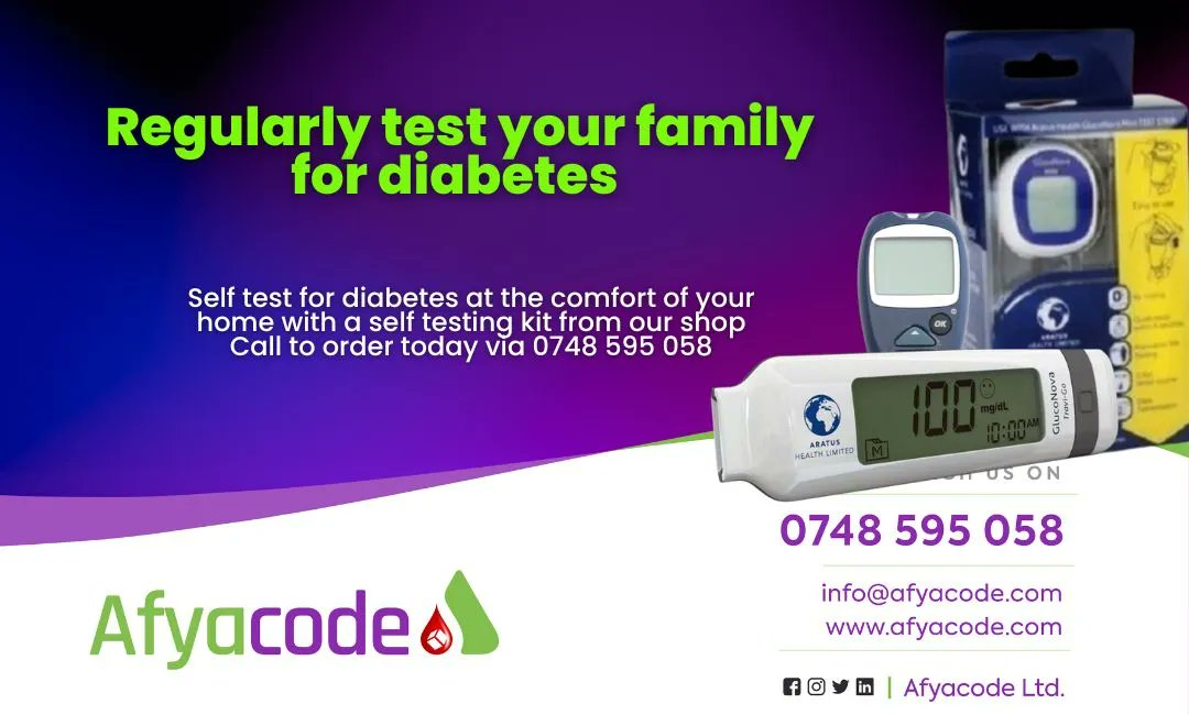 Take charge of your family's health by regularly testing for diabetes!

Get a self-testing diabetes kit from our shop and test for diabetes from the comfort of your home. Order via 0748 595 058 today #DiabetesManagement #Afyacode