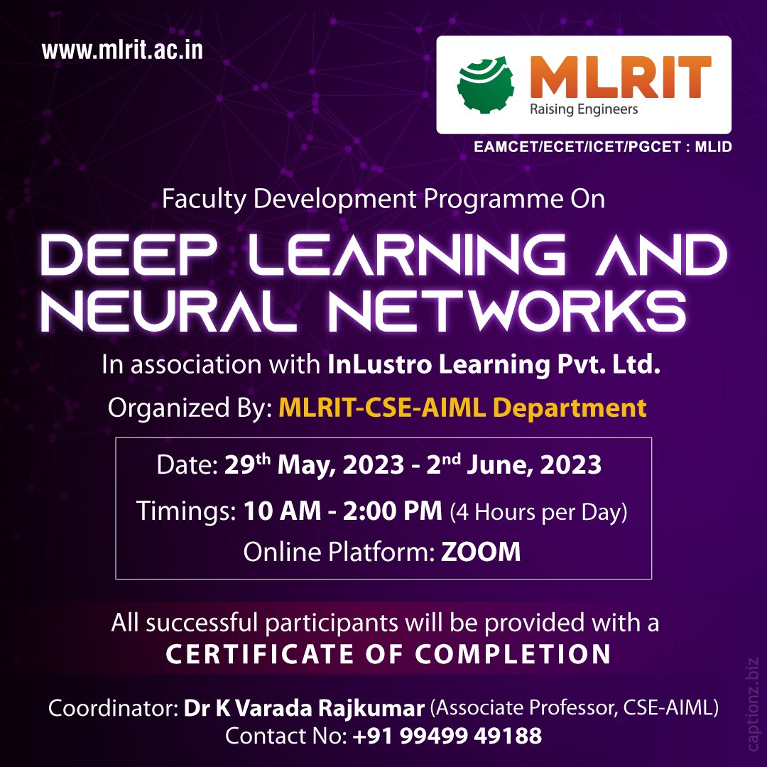 Our faculty are always empowered with latest technologies to train the students.
Here's Department of CSE Aiml organizing a one week FDP on most happening #deeplearning and #neuralnetworks #artificialintelligence in association with @inlustrolearning Pvt. Ltd 
#happylearning