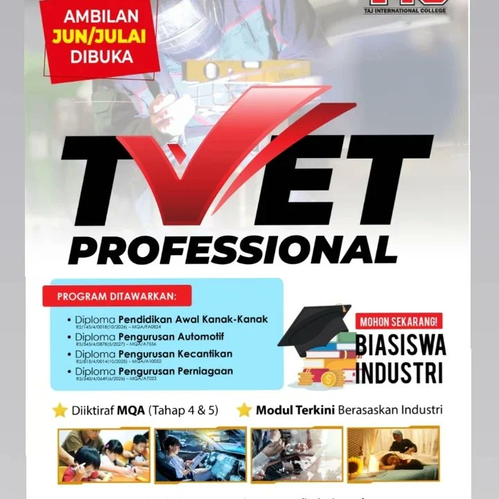 tajcollege's tweet photo. 📢TEMUDUGA TERBUKA TVET PROFESSIONAL KEMAHIRAN NEGERI PERAK

Kepada belia berumur 17 tahun ke atas anda dijemput untuk hadir sesi temuduga program diploma TVET

Tarikh : 31 Mei 2023 (Rabu)
Masa : 10 pagi - 4 petang
Tempat : Kampus TIC 

Maklumat lanjut 👇
011-20577722 (En. Ahmad) https://t.co/miGJSU0wy4