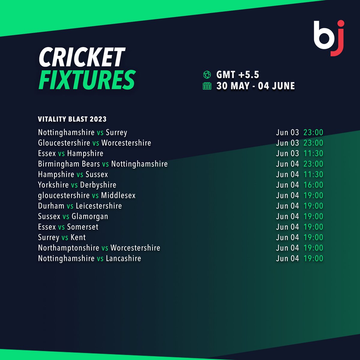 Check out next week's Vitality Blast League match schedule at a glance only on Baji !!

💥Register as a BjBaji5.com Member Now!!💥

#Baji #BJ #Sports #Cricket #Schedule #CricketFixture #VitalityBlast