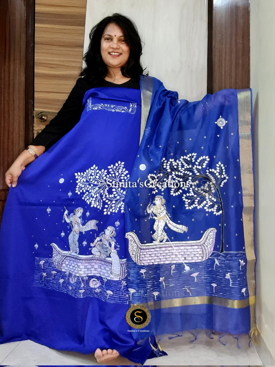 SPattachitra's tweet image. BLUE Co-ord set
ABHISARIKA
beautiful  suit with The theme Abhisarika depicts the story of a Radha who sneaks away to meet her beloved Krishna at night, sailing across the river in a boat
#coordset #pattachitrapainting #handpainteddupatta 
#salwarsuit #pattachitra
#7008458388