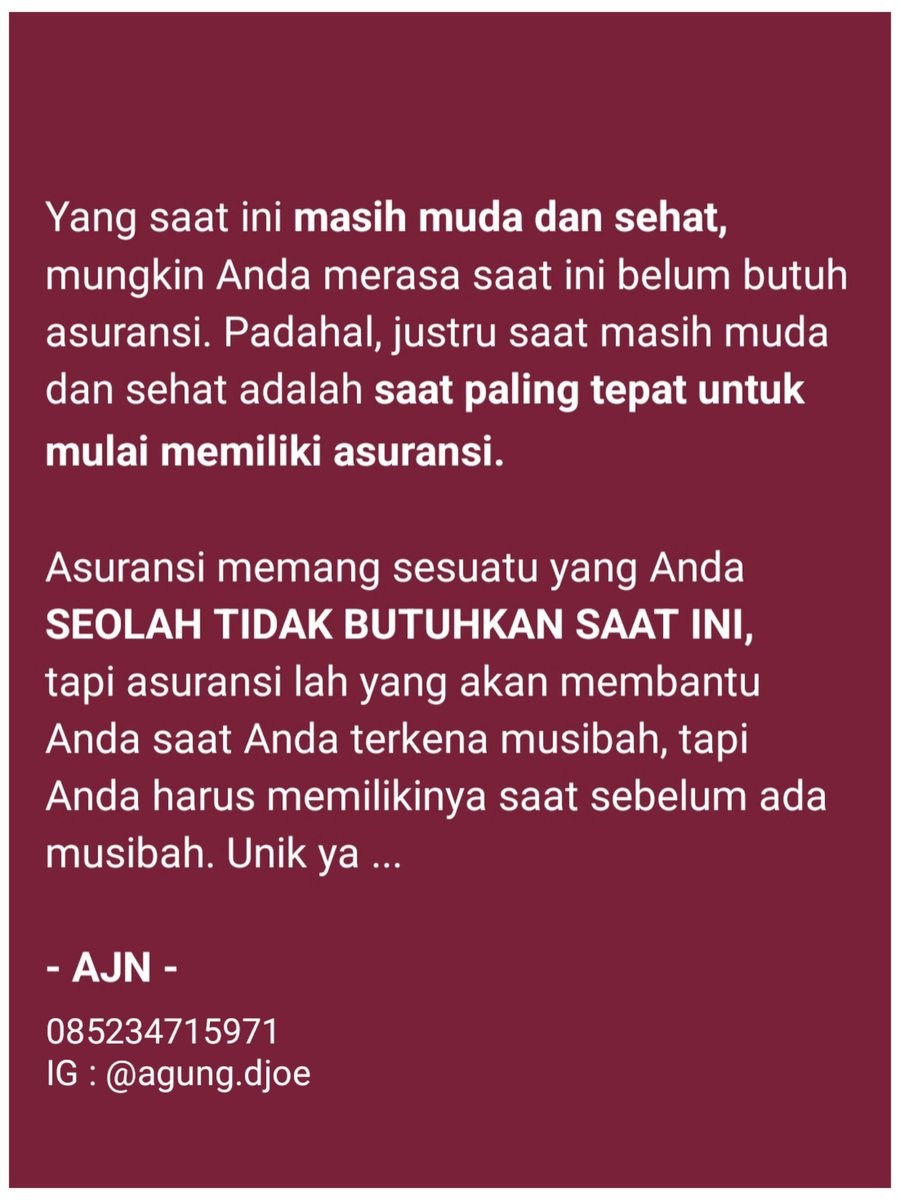 Yang masih relatif muda, sudah berpenghasilan dan sehat, yuk asuransikan Anda dan pasangan hidup Anda. 

DM saya

#mariberasuransi
#yukberasuransi