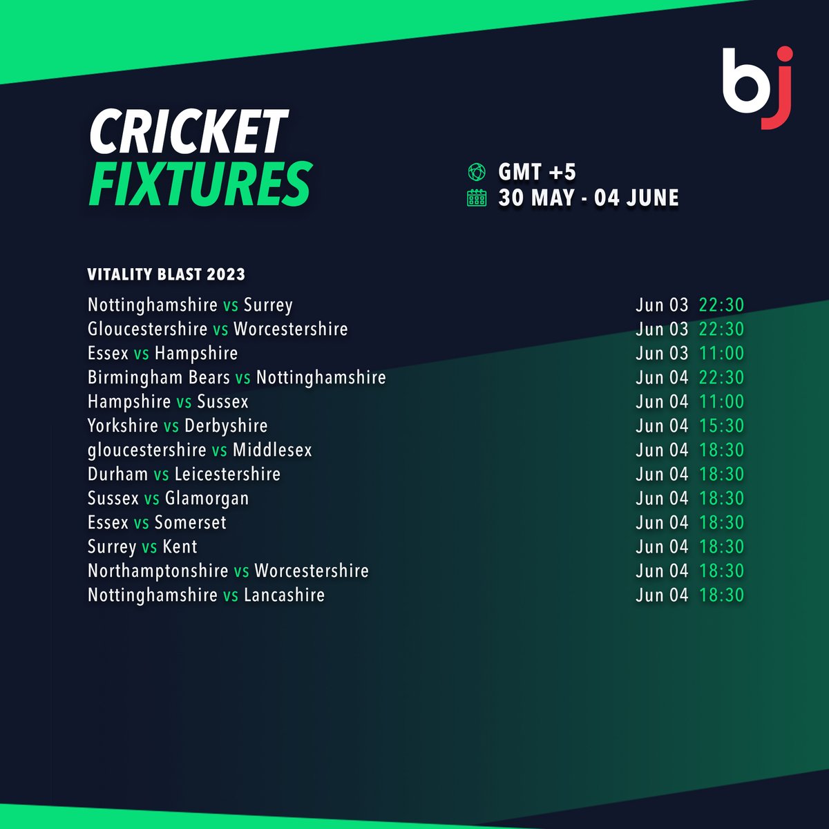 صرف Baji پر ایک نظرمیں سیزن کے اگلے ہفتے کے آخری چار میچوں اور وٹیلیٹی بلاسٹ لیگ میچ شیڈول دیکھیں!!

  💥 ابھی BjBaji5.com ممبر کے طور پر رجسٹر ہوں!!💥

#Baji #BJ #Sports #Cricket #Schedule #CricketFixture #VitalityBlast