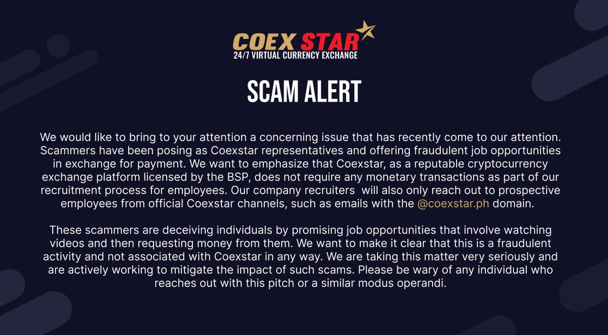 coexstarph's tweet photo. Important notice: Beware of scammers impersonating Coexstar representatives or affiliates and offering fraudulent job opportunities. https://t.co/iwETqAEUWD