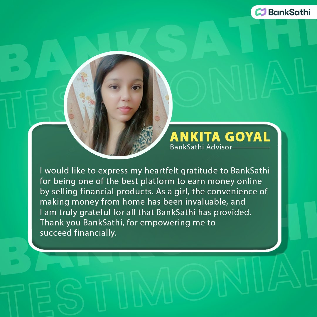 BankSathi is empowering girls to start their own income online and become financially independent🤑

✅Ankita Goyal one of our valued advisors, has earned 💵 51,000 rupees this month, becoming an inspiration for all women👧

#testimonial  #happyadvisor #MondayMotivaton #banksathi