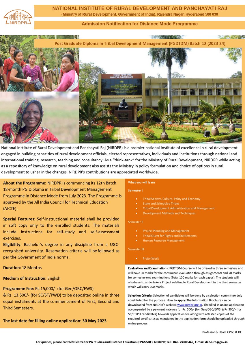 NIRDPR On Twitter NIRDPR Offers PG Diploma In Tribal Development nirdpr-on-twitter-nirdpr-offers-pg-diploma-in-tribal-development