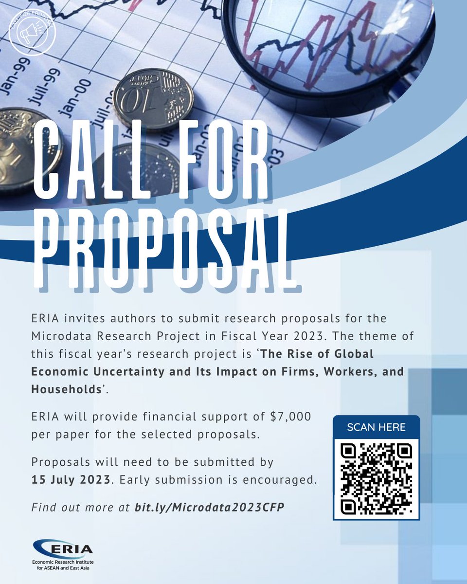 ERIAorg's tweet image. 📢 CALL FOR PROPOSAL:

The Economic Research Institute for ASEAN and East Asia (ERIA) invites authors to submit #researchproposals for the ERIA Microdata Research Project in Fiscal Year 2023.

Early submission is encouraged.

Learn more HERE bit.ly/Microdata2023C…