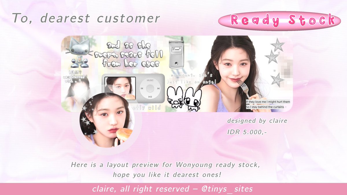 chaeby's tweet photo. Hi-pawls, @tinys_sites brought back sum layout ready stock Wonyoung and ulzzang. Crafted softly, masterpiece then become; arts of amour that you can get by IDR 5.000/ea include retext. Peek at the pict below, sweetie! 🌷🎀 
#zonauang #zonaba https://t.co/SmoZYiXYzP