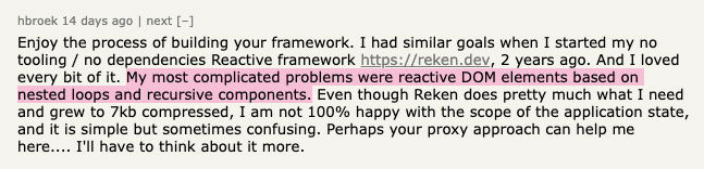 18alantom's tweet photo. 1/3 When I posted an article on HN about building a frontend framework, a user told me they'd tried something similar but found nested loops and recursive components to be complicated problems.

I'm on loops now and precisely understand what they'd meant 🥲 https://t.co/uvS1DeW1yr