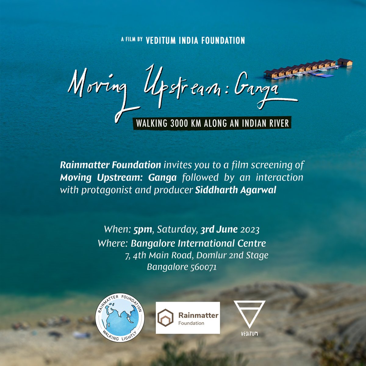 RainmatterOrg's tweet photo. #EnvironmentDay23 Join us for the screening of 'Moving Upstream: Ganga’ followed by a discussion on Saturday, 3rd June @bicblr - https://t.co/g3X2uct6Wh This is part of our Walking Lightly initiative to celebrate climate positive actions, small or big! https://t.co/0tuRPj3vsX