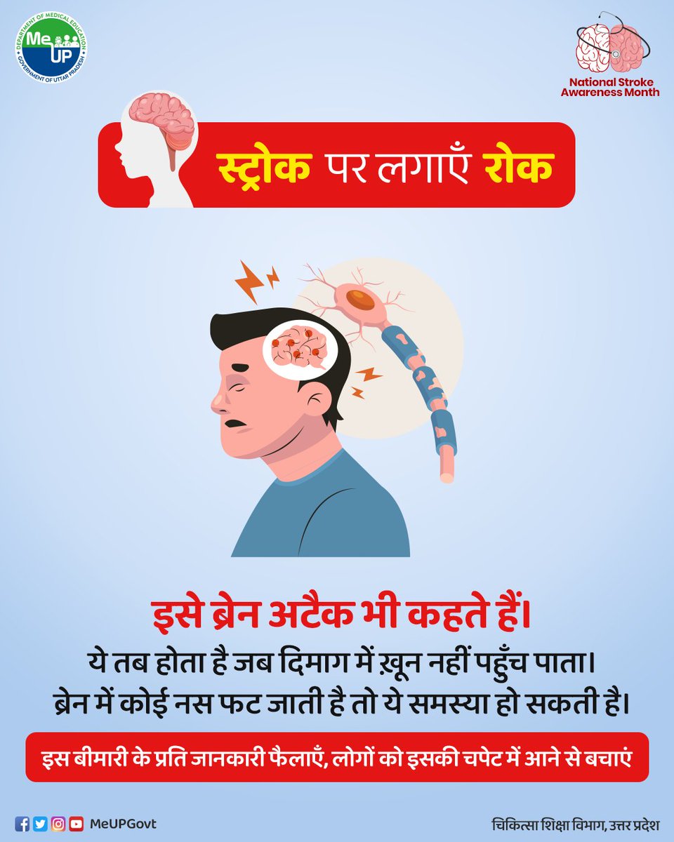 MeUPGovt's tweet photo. #StrokeAwarenessMonth
समय रहते स्ट्रोक के प्रति जागरूकता दिखाकर रोगी को बचाया जा सकता है। क्या ये जानकारी आपको पहले थी? कमेंट सेक्शन में हमें बताएं और इसे ज़्यादा से ज़्यादा शेयर करें।

#MeUP #Stroke #StrokePrevention #StayAware #SwasthyaBharat https://t.co/cHYXH6JkmO