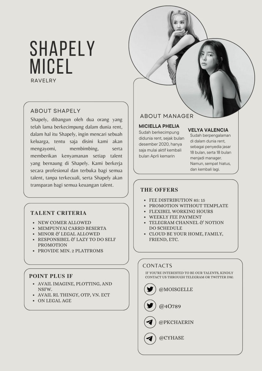 ㅤㅤㅤㅤㅤ
— Retweet will be appreciate

Halo! Shapely Micel Ravelry looking for talent to be part of my home. Open to newcomers too, don't worry, we'll guide you. You can read the cv first, if you're interested, you can dm me/@Moisgelle . We are open for discussion.
ㅤㅤㅤㅤㅤ