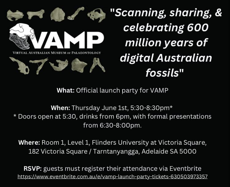 The Virtual Museum of Palaeontology (VAMP) launch party is THIS THURSDAY! You can register here: eventbrite.com.au/e/vamp-launch-… We've also added an option to watch the live stream if you're not able to make it in person. You'll be able to join us over zoom here: us06web.zoom.us/j/81216674709?…