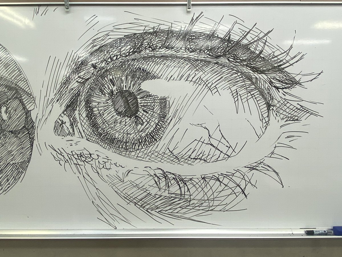構成デッサン授業の板書というか板描き。テーマは顔のパーツ。 