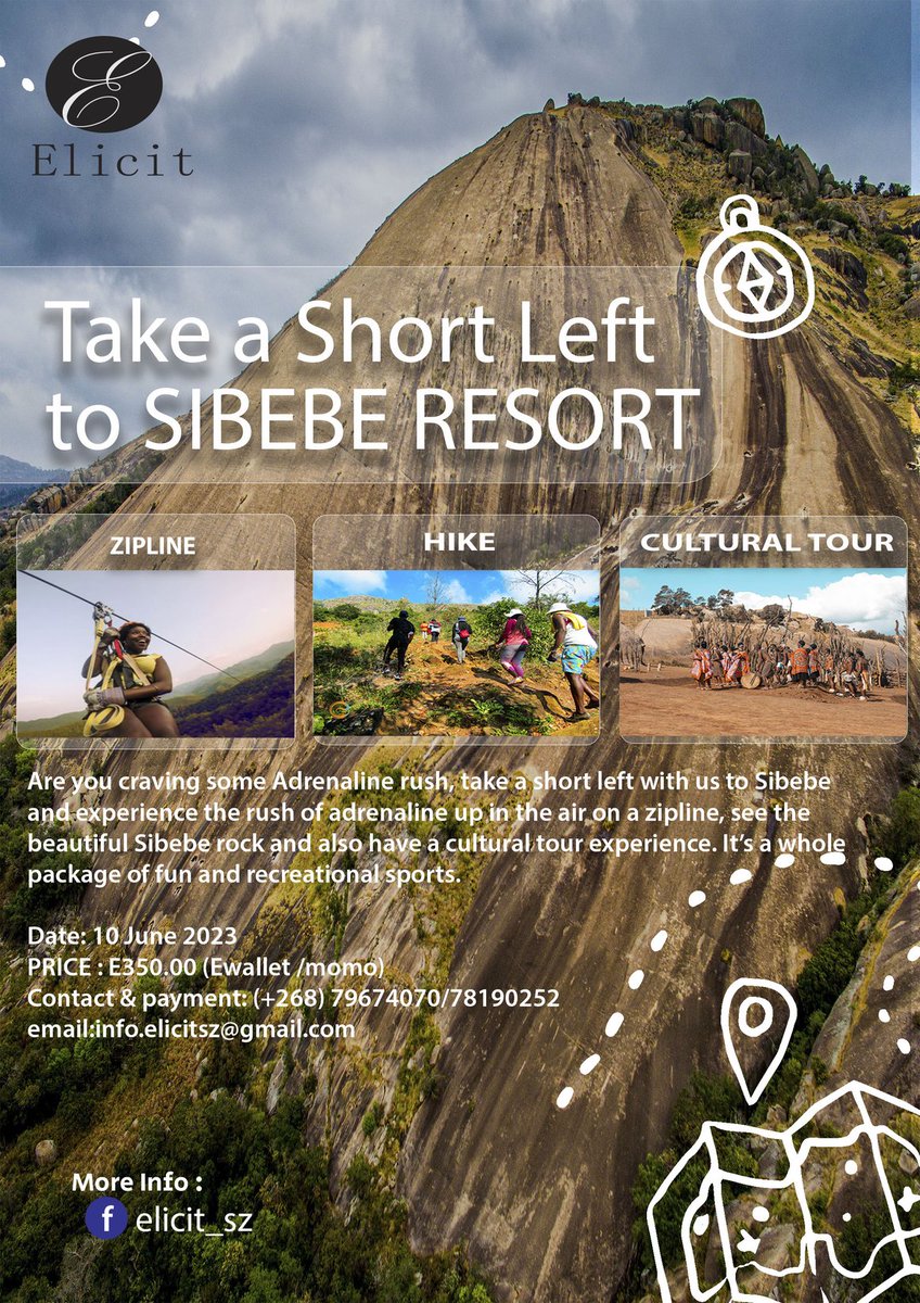 We heading out to <a href="/Sibebe_Resort/">SibebeResort</a> on the 10th june 2023...all fun and no tears..get yourself ready for the zipling "fun shouldnt just be on the ground" hiking to Sibebe rock,cultural tour ,join us it's only E350 all activities (above &amp; transport) included.