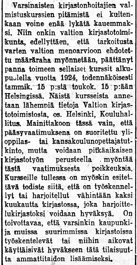 Kirjastonhoitajien koulutusta tarjolla. Iltalehti 29.5.1923.