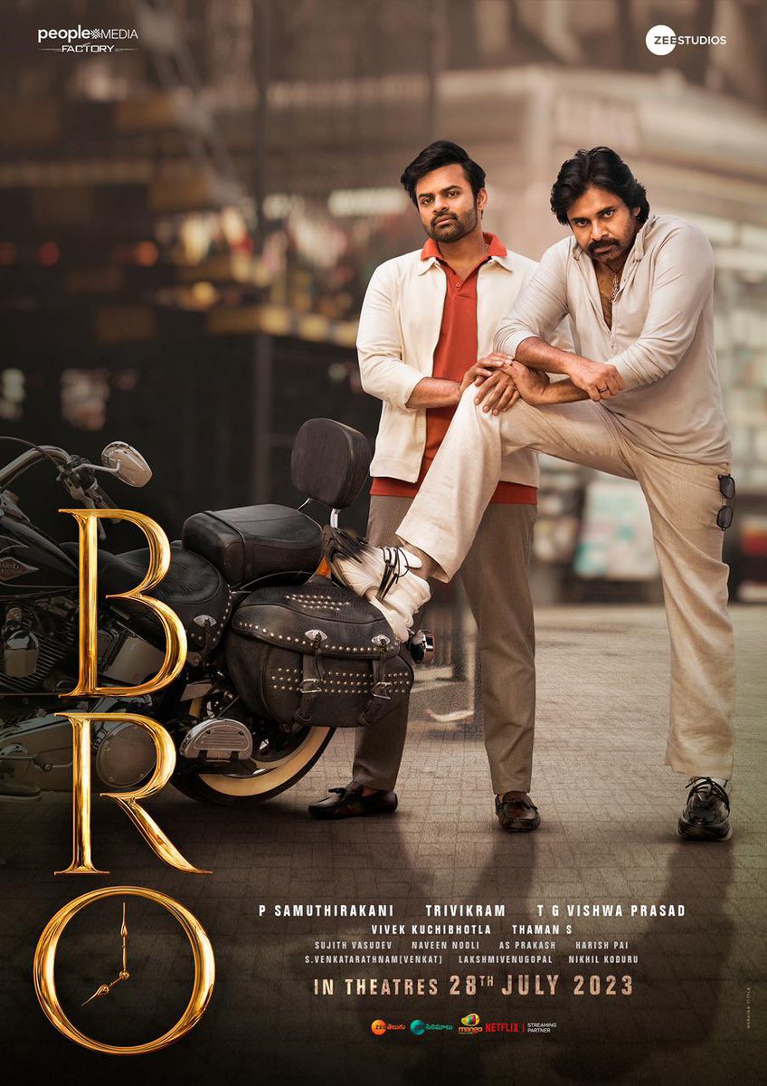 AndhraBoxOffice's tweet photo. #BroTheDuo Poster, #PawanKalyan & #SaiDharamTej from #BroTheAvatar!

#BROFromJuly28

PR:

Pawan Kalyan and Sai Dharam Tej’s stylish-combo look from Bro, directed by Samuthirakani, launched

People Media Factory, one of the major production houses in Telugu cinema, that backed hits like Karthikeya 2, Dhamaka are back with another biggie. Their next, in collaboration with ZEE Studios, is Pawan Kalyan-Sai Dharam Tej’s Bro, written and directed by Samuthirakani. Trivikram pens the screenplay, dialogues. 

Every promotional material from Bro, including the title motion poster to the first look posters of Sai Dharam Tej and Pawan Kalyan were a hit with fans.
Much to the delight of fans, after the individual first looks, a combo poster featuring the both the stars of Bro was out today. 

Sporting a grey tee and an off-white pant with black shades tied to them, Pawan Kalyan places his right leg on a bike as Sai Dharam Tej watches on, gracefully smiling and donning an off-white over-coat with a brick-red shirt. Both stars look dapper and stylish in their new avatars in Bro.

While Pawan Kalyan was introduced as the titular character (Bro), Sai Dharam is cast as Mark a.k.a Markandeyulu. S Thaman scores the music. The powerful Sanskrit hymn ‘Kaala triguna samshlesham…’ penned by lyricist Kalyan Chakravarthy was one of the major highlights in the recent promos that created new records.

“I thank the fans of Pawan Kalyan, Sai Dharam Tej for appreciating the promos immensely. I’m thrilled how audiences are making an effort to understand the deeper meaning of the sloka. The hymn, on the lines of the ‘kalah pachati bhutani’ from Mahabharatam, was customised as per the film. Time is the hero of the story and with Thaman’s suggestion, I tried to blend the title in the lyrics. I am indebted to everyone in the team for the opportunity,” lyricist Kalyan Chakravarthy expressed his happiness.

Bro is the first time that Pawan Kalyan is teaming up with his nephew for a film, making it one of the most anticipated on-screen collaborations in Telugu cinema. The film is a family drama with an element of fantasy, spirituality and the promos have set the bar high already. Currently in its last leg of shoot, the film’s post-production formalities are being wrapped up simultaneously. The drama is set to release in theatres on July 28 this year. 

Ketika Sharma, Priya Prakash Varrier, Samuthirakani, Rohini, Rajeswari Nair, Raja, Tanikella Bharani, Vennela Kishore, Subbaraju, Prudhvi Raj, Narra Srinu, Yuva Lakshmi, Devika, Ali Reza and Surya Srinivas play other important roles in Bro. Sujith Vaasudev cranks the camera for the film.