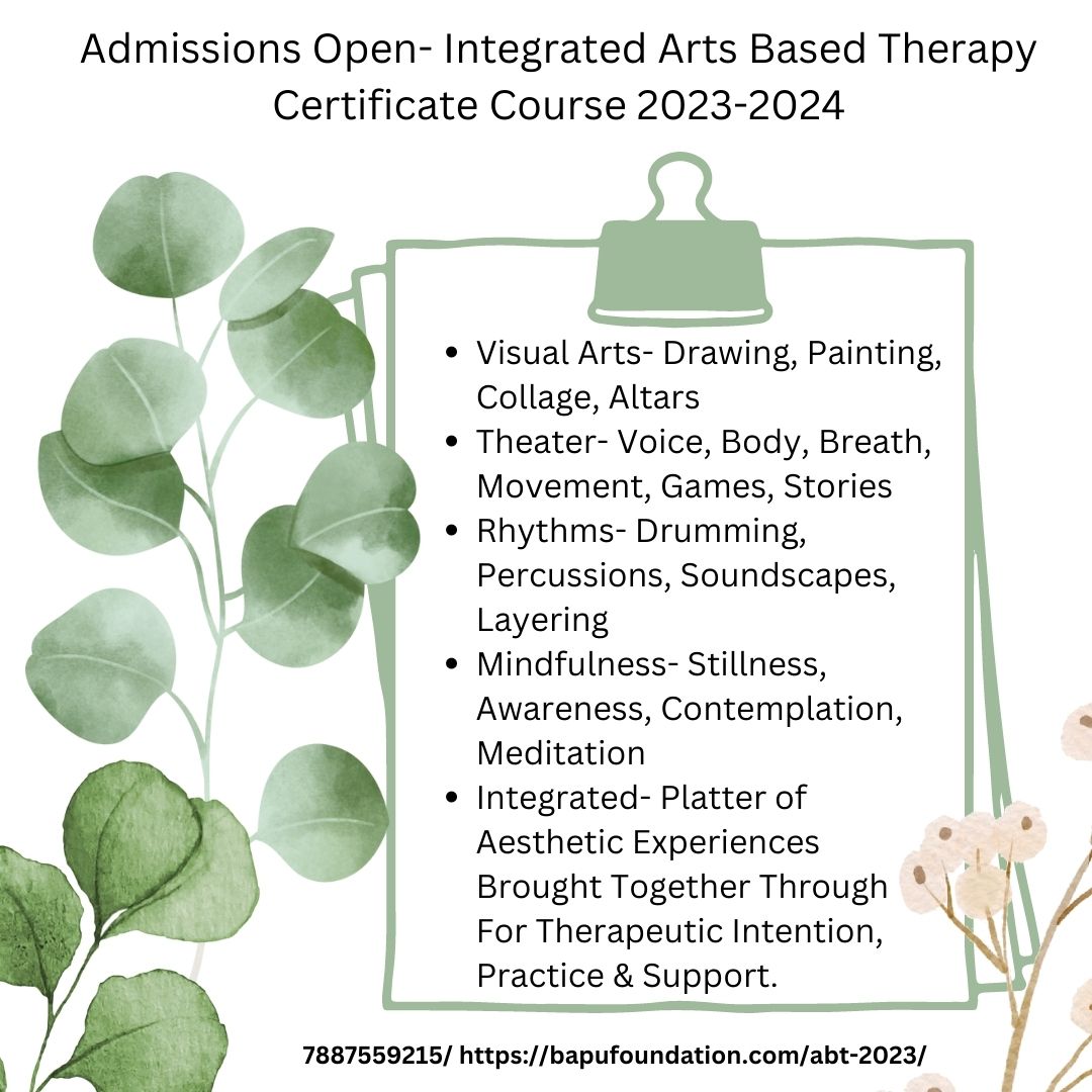 bapu_trust's tweet photo. Enroll in Bapu Foundation's life-changing Integrated Arts-Based Therapy Certificate Course. Be part of Batch 6, and witness the transformative power of art therapy. 📷📷 #BapuFoundation #ArtTherapyCourse #NurtureYourSoul #Batch6" https://t.co/WEq3jWZMBg