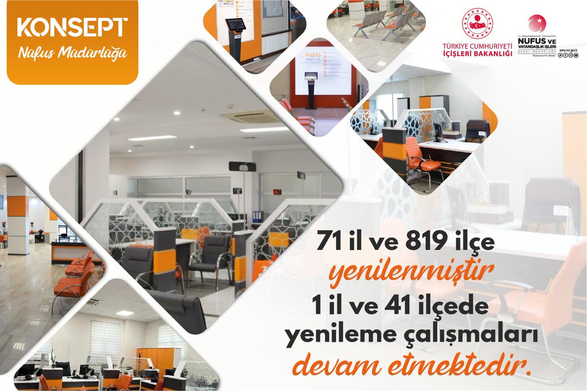 Bakanlığımızın ufuk projelerinden biri olan Konsept Nüfus Müdürlüklerimiz ile;

➡️ Süreklilik
➡️ Standardizasyon
➡️ Vatandaş memnuniyeti sağlanmıştır. 

✅ Bugüne kadar 8️⃣9️⃣0️⃣ nüfus müdürlüğümüz yenilendi

⏳ 4️⃣2️⃣ nüfus müdürlüğümüzde yenileme çalışmalarımız devam ediyor