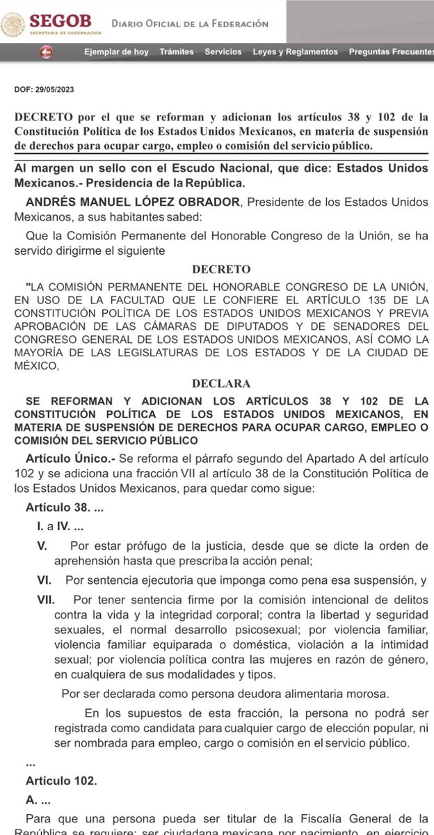 💜29 de mayo de 2023, la 𝐑𝐄𝐅𝐎𝐑𝐌𝐀 𝐂𝐎𝐍𝐒𝐓𝐈𝐓𝐔𝐂𝐈𝐎𝐍𝐀𝐋 #3de3VsViolencia es publicada en el 𝐃𝐈𝐀𝐑𝐈𝐎 𝐎𝐅𝐈𝐂𝐈𝐀𝐋 𝐃𝐄 𝐋𝐀 𝐅𝐄𝐃𝐄𝐑𝐀𝐂𝐈Ó𝐍 ✅Aplicará para elecciones 2024 👏🏽Orgullosa de este logro histórico de todas las mujeres. #NingúnAgresorEnElPoder ♀