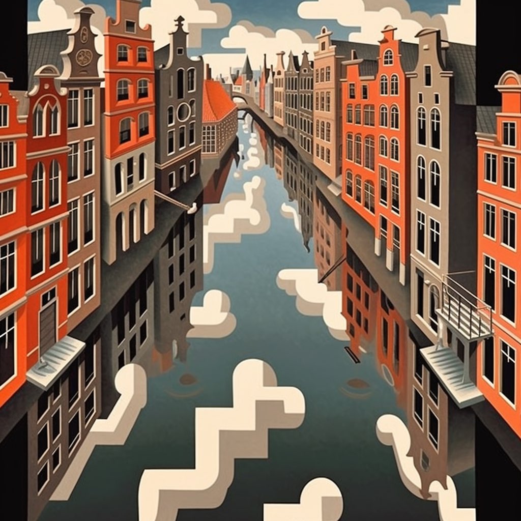 mrthnmtsthAI's tweet photo. Prompt: m c Escher Style #Amsterdam, Sharp focus, Magazine Cover Style photo --s 750 --q 2 --v 5.1 https://t.co/TVXilJYCg6