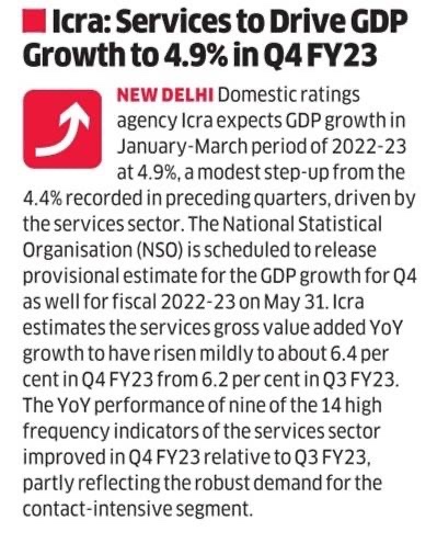 According to ICRA, Service Gross Value added YoY growth of the #GDP in the Q4FY23 at 4.9% a modest step up from the 4.4% recorded in Q3FY23.

@EconomicTimes 

Read more on #ICRARelease: icra.in/Media/OpenMedi…

#ICRAInNews #ICRAViews #FY2024 #GDP