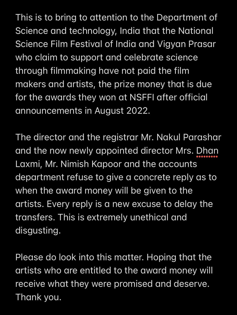 Final resort to get the award money announced by <a href="/VigyanPrasar/">Vigyan Prasar</a> almost a year ago.
They have been shameless in their excuses and clearly do not intend to give the artists and filmmakers the award money promised. 
<a href="/IndiaDST/">DSTIndia</a> <a href="/DrJitendraSingh/">Dr Jitendra Singh</a> <a href="/ISTIPortal/">ISTI Portal</a> <a href="/PMOIndia/">PMO India</a> <a href="/srivaric/">chandra Srivari</a>