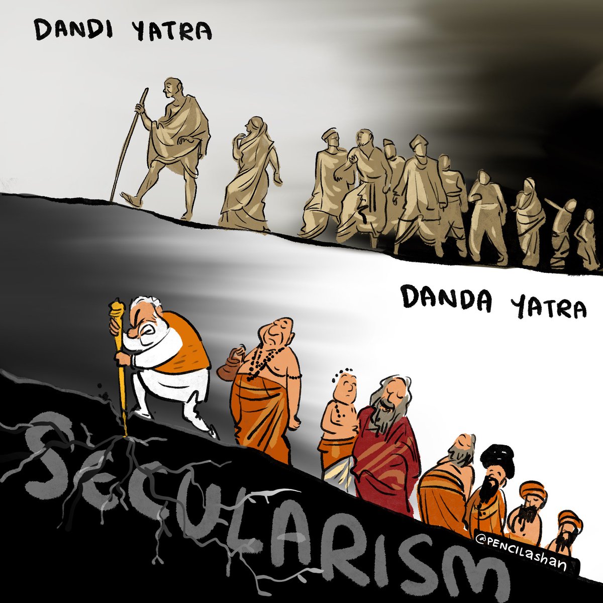 pencilashan's tweet photo. Danda Yatra!

#dandayatra #saveindia #saveindians #india_is_seculardemocratic_country #indiaisnothindurashtra #india #indianparliament #newparliamentbuilding #indiademocracy #secularism https://t.co/JH6L6qvG9z