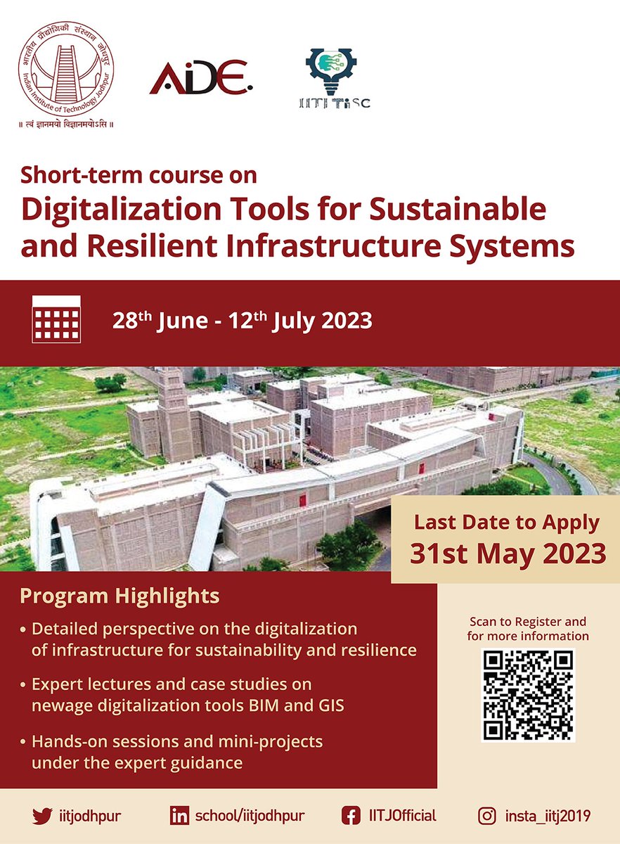 iitjodhpur's tweet image. Don&apos;t miss out on our exclusive short-term course on &apos;Digitalization Tools for Sustainable and Resilient Infrastructure Systems.&apos; 

Apply by 31st May 2023!

Register now: sites.google.com/iitj.ac.in/dig…

#IITJodhpur #InfrastructureDevelopment #InfrastructureManagement
