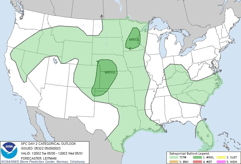 12:34am CDT #SPC Day2 Outlook Marginal Risk: across portions of the central Plains and the Upper Midwest spc.noaa.gov/products/outlo…